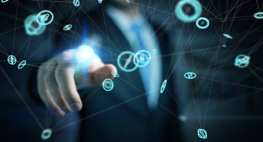 Uçan ağ bağlantısı arabirimi 3d renderi kullanarak iş adamı