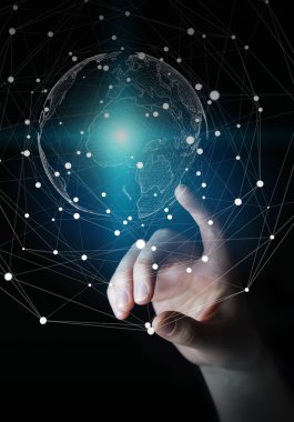 Uçan Dünya ağ arabirimi 3d işlemesini kullanan iş kadını