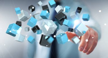 Kayan mavi parlak küp ağ 3d renderi dokunmadan işadamı