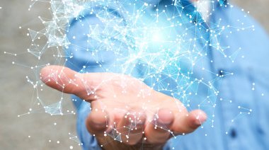 Uçan ağ bağlantısı 3d render tutan işadamı