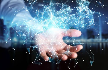 Uçan ağ bağlantısı 3d render tutan işadamı