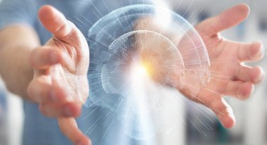 İşadamı 3d rende tarafından aktive uçan Dünya ağ arabirimi