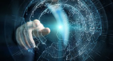 İşadamı 3d rende tarafından aktive uçan Dünya ağ arabirimi