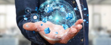 İşadamı 3d rende tarafından aktive uçan Dünya ağ arabirimi