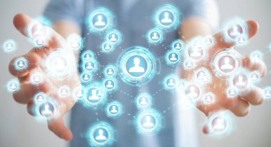 Sosyal ağ arabirimi 3d işlemesini kullanan iş adamı