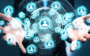 Sosyal ağ arabirimi 3d işlemesini kullanan iş adamı