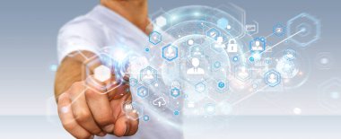 Sosyal ağ arabirimi 3d işlemesini kullanan iş adamı