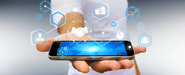 Ortaklık iş için dijital sunum kullanarak iş adamı 