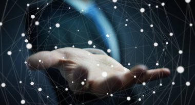 Kayan nokta ağ 3d render tutan işadamı