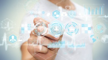 Bir kalem 3d render ile dijital tıbbi arabirimini kullanarak iş adamı