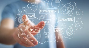 Eliyle el yazması proje sunum kullanarak iş adamı