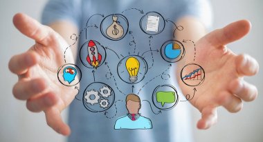 Eliyle el yazması proje sunum kullanarak iş adamı