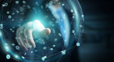 Hologram veriler dijital küre 3B oluşturmayı kullanarak iş adamı