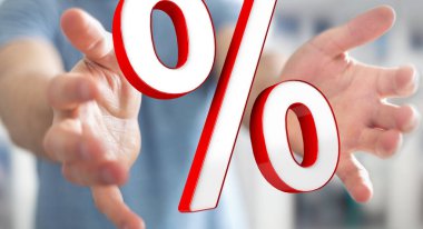 Beyaz ve kırmızı satış simgeler 3d render uçan kullanarak iş adamı