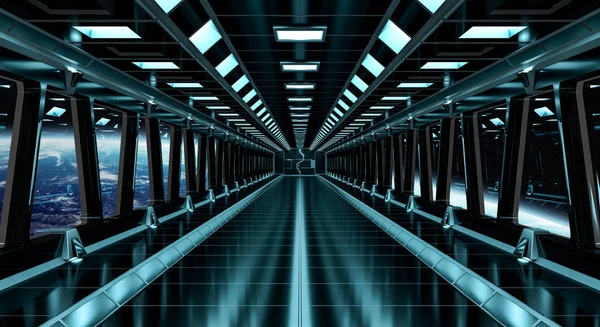 Statek kosmiczny korytarza z widokiem na planecie Ziemia 3d renderowania el — Zdjęcie stockowe