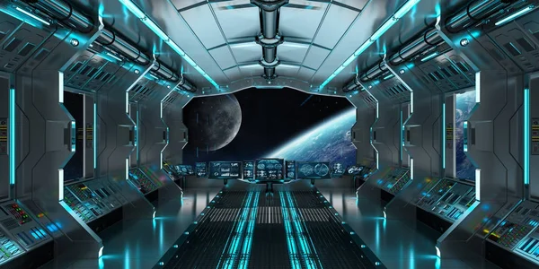 Interior da nave espacial com vista para o planeta Terra 3D renderização el — Fotografia de Stock