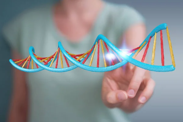 Mulher de negócios usando a moderna estrutura de DNA 3D renderização — Fotografia de Stock