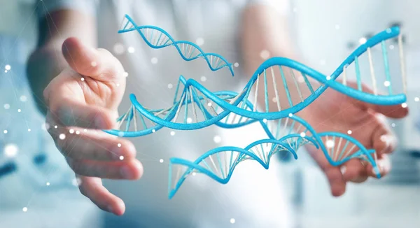 Uomo d'affari che utilizza la moderna struttura del DNA rendering 3D — Foto Stock