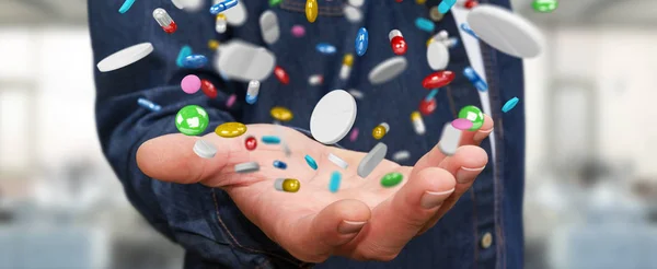 Affärsman holding och trycka flytande medicin piller 3d rämna — Stockfoto