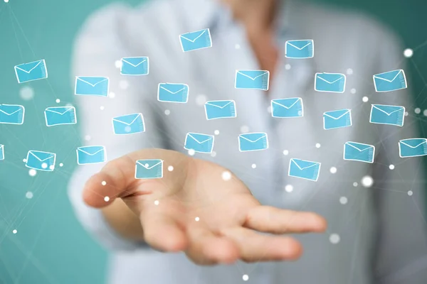 Zakenvrouw houden en ontroerend drijvende e-mails schets — Stockfoto