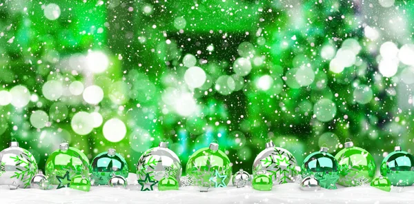 Πράσινα και λευκά στολίδια Χριστουγέννων παρατάσσονται 3d rendering — Φωτογραφία Αρχείου