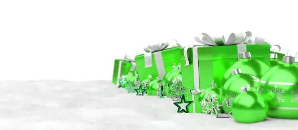Regalos de Navidad verdes y blancos y adornos alineados 3D renderin —  Fotos de Stock