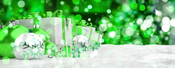 Regalos de Navidad verdes y blancos y adornos alineados 3D renderin —  Fotos de Stock