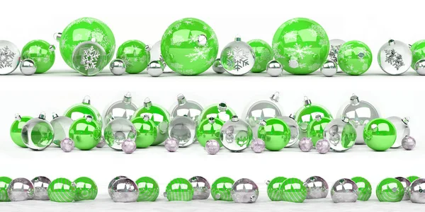 Up 3D renderi kaplı yeşil ve beyaz Noel baubles toplama — Stok fotoğraf