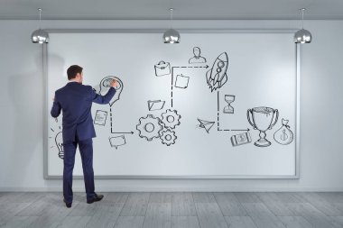 Bir proje çizim işadamı bir yönetim kurulu 3d render kroki