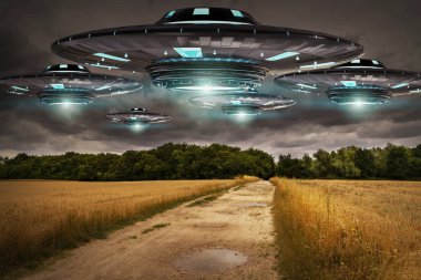 UFO işgal gezegen Dünya'ya landascape 3d render