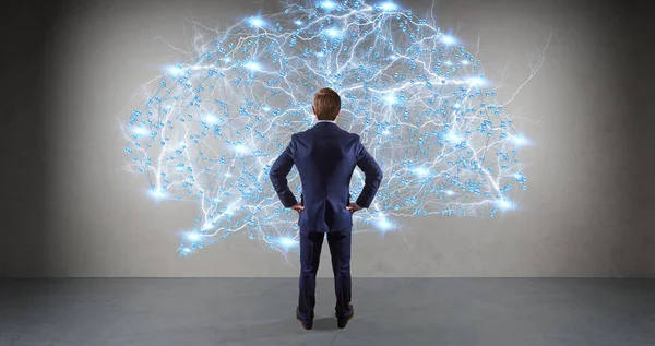 Businessman using digital brain interface on a wall 3D rendering
