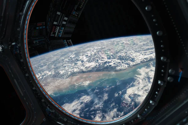 Vista del planeta Tierra desde una ventana de la estación espacial 3D renderizado el — Foto de Stock