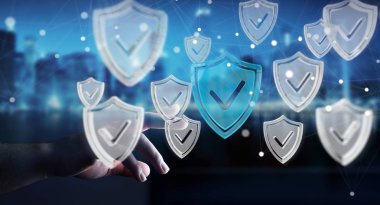 Modern veri kalkan virüsten koruma 3d işlemesini kullanan iş adamı