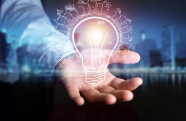 Yenilenebilir çevre ampul kroki tutan işadamı