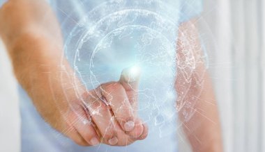 İşadamı 3d rende tarafından aktive uçan Dünya ağ arabirimi