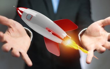 Holding ve bir roket 3d render dokunmadan işadamı