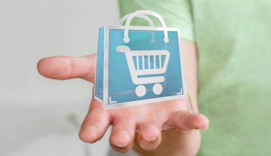Dijital alışveriş simgeleri 3B oluşturmayı kullanarak iş adamı