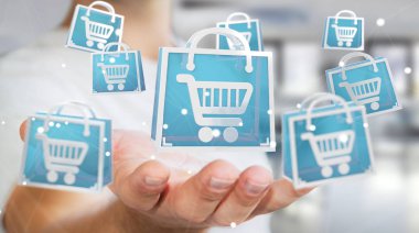 Dijital alışveriş simgeleri 3B oluşturmayı kullanarak iş adamı