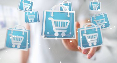 Dijital alışveriş simgeleri 3B oluşturmayı kullanarak iş adamı