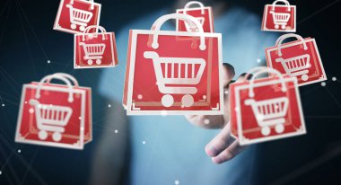 Dijital alışveriş simgeleri 3B oluşturmayı kullanarak iş adamı