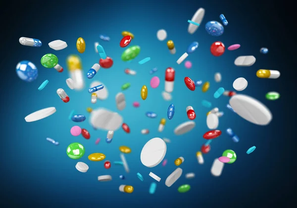 Drijvende geneeskunde pillen en drugs 3D-rendering — Stockfoto