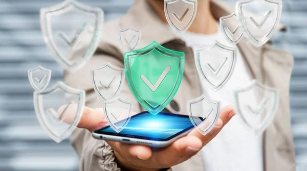 Empresario que utiliza la representación 3D antivirus de escudo de datos moderno — Foto de Stock