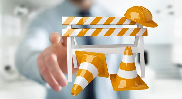 Businessman using digital 3D rendering under construction signs