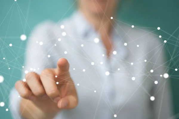 Businesswoman holding and touching flying network connection 3D — Stock Photo, Image