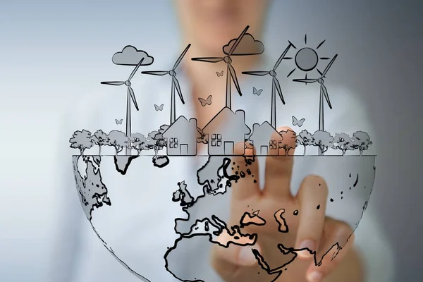 Businesswoman touching and holding renewable energy sketch — Stock Photo, Image