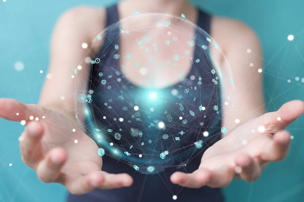Femme d'affaires utilisant hologrammes données sphère numérique rendu 3D — Photo