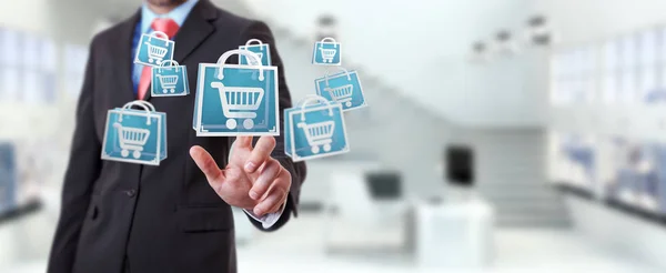 Geschäftsmann mit digitalen Shopping-Icons 3D-Rendering — Stockfoto