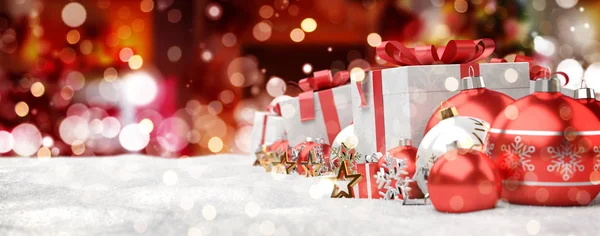 Regalos de Navidad rojos y blancos y adornos alineados 3D renderizado — Foto de Stock