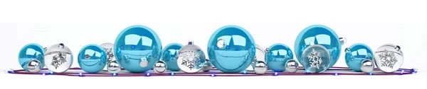 Blue and white christmas baubles lined up 3D rendering — Stock Photo, Image