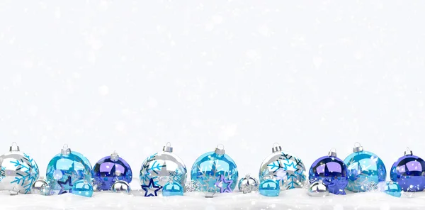 Blauwe en witte kerstballen rijtje van 3D-rendering — Stockfoto